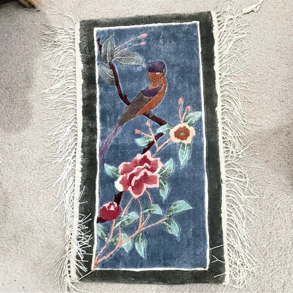 Vintage Hand-Knotted Chinese Silk Bird Flowers Wall Hanging Tapestry Rug 24”X12”